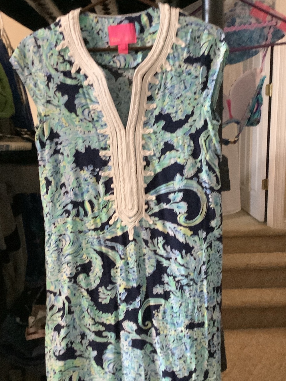 Lilly Pulitzer Navy Blue and Aqua Paisley Midi Dress, white lace trim